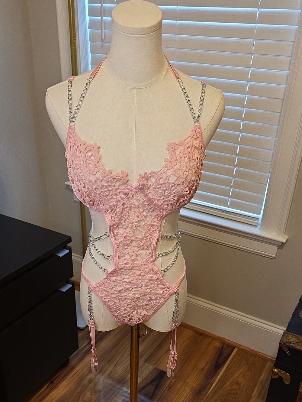 Pink Lace Halter Teddy with Silver Chains - NWOT